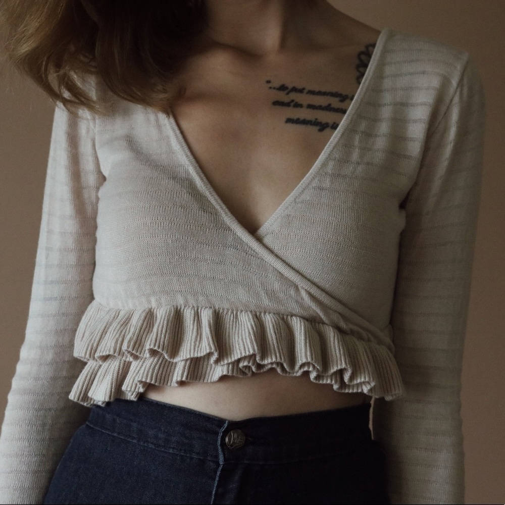 Knit cream ruffle wrap crop top loungewear